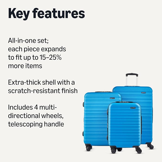 Amazon Basics 3-Piece Hardside Expandable Travel Luggage Set (21", 26", 30"), Scratch-Resistant Suitcases with Multi-directional Wheels, Carry-on and Checked Bags, Light Blue - Image 2