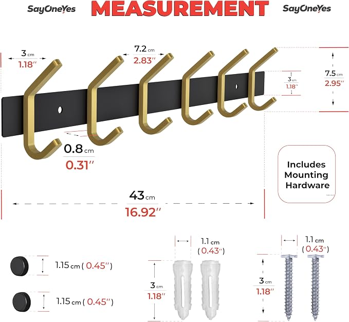Coat Rack Wall Mount – Black and Gold Hook Rail with 6 Double Coat Hooks, 17 Inch Stainless Steel Wall Hooks for Entryway, Bathroom, Bedroom, Closet, Towel, Hat, Bag, Heavy Duty Organizer - 2 Pack - Image 2