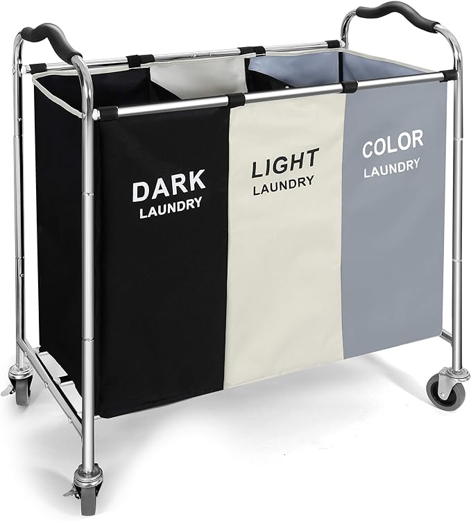 Laundry Basket with Wheels, 240l Laundry Hamper with 3 Section Laundry Bag for Dirty Clothes, Dorm Room Essentials, Towel Organization & Toys Storage Laundry Cart in Laundry Room Organization by Unknown