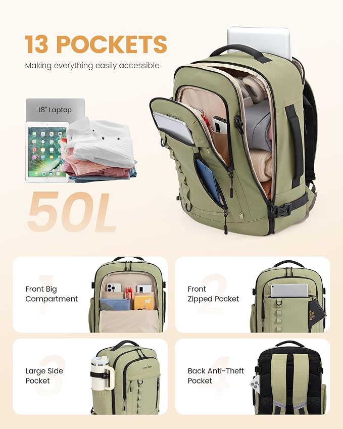 LOVEVOOK 50L Travel Backpack for Men Women, Waterproof Carry On Backpack for Work & Travel, Flight Approved Personal Item with 3 Packing Cubes, TSA Bag Fits 17.3" Laptop,Grape purple - Image 3
