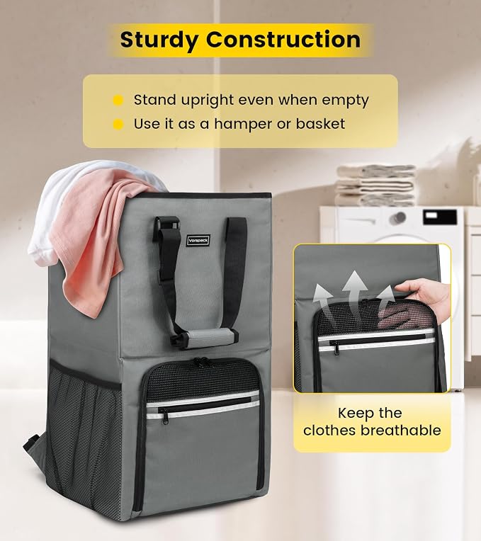 Vorspack Laundry Bag Backpack - Extra Large Laundry Bags with Shoulder Straps Heavy-duty 2 in 1 Laundry Hamper Basket for College Dorm Camp Laundromat Room Essentials - Grey - Image 4
