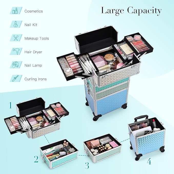 Professional Rolling Makeup Train Case 4 in 1 Aluminum Trolley Case with 360° Rotation Wheels for Makuep Artist Cosmetic Suitcase Organizer with Lock and Key Diamond Pattern - Turquoise - Image 3