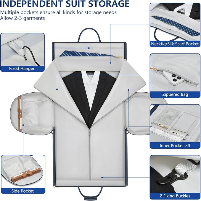 Leather Garment Bags for Travel, Convertible Carry on Garment Duffel Bag for Men, 2 in 1 Waterproof Foldable Travel Suit Bag with Shoulder Strap Weekender Bag with Shoe Pouch, Blue - Image 2