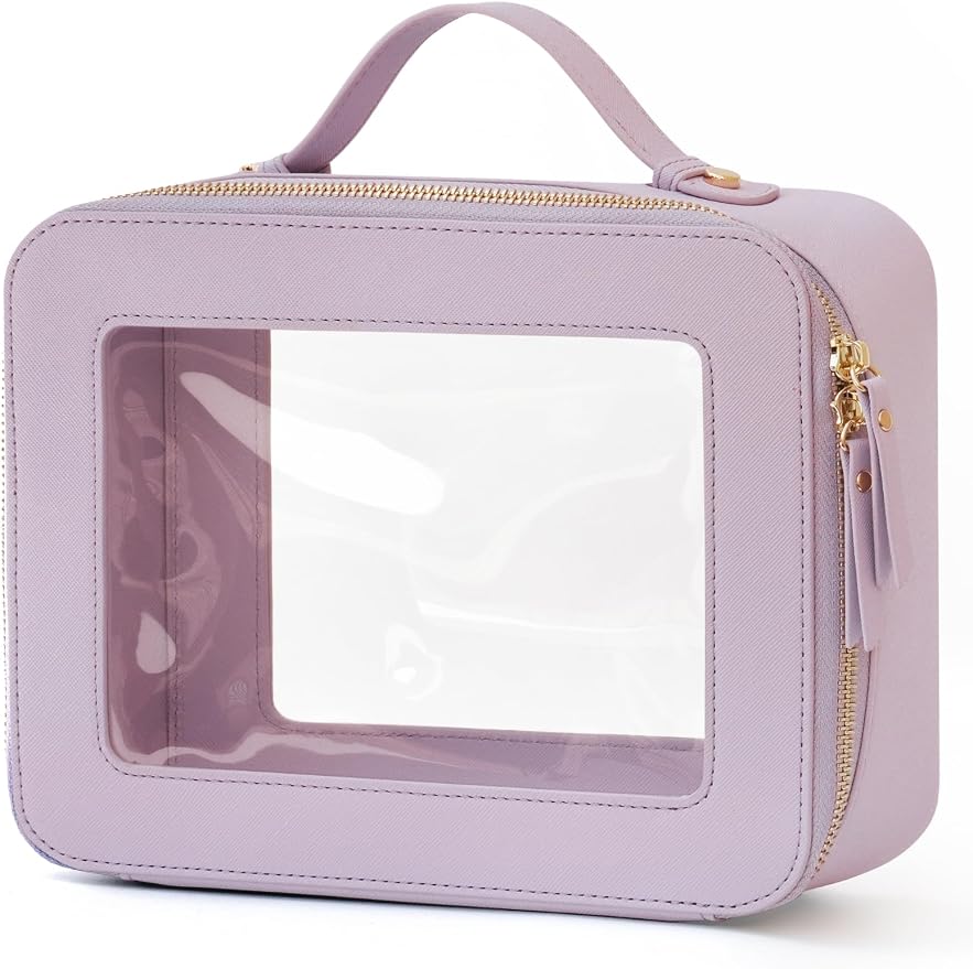 Popvibe Clear Makeup Bag Travel Cosmetic Case Transparent Toiletry Bag with Zipper, Portable Make Up Organizer Traveling Compact Car Bag for Essentials, Purple, Large by POPVIBE