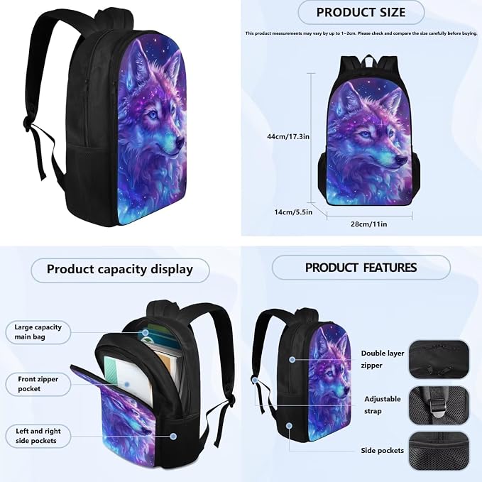 Galaxy Wolf Backpack for Girls Boys Backpack with Lunch Box Water Bottle Carrier with Strap and Big Pencil Case 4PCS Bookbag with Compartments for School 17 inch Sturdy School Bag for Kids - Image 4