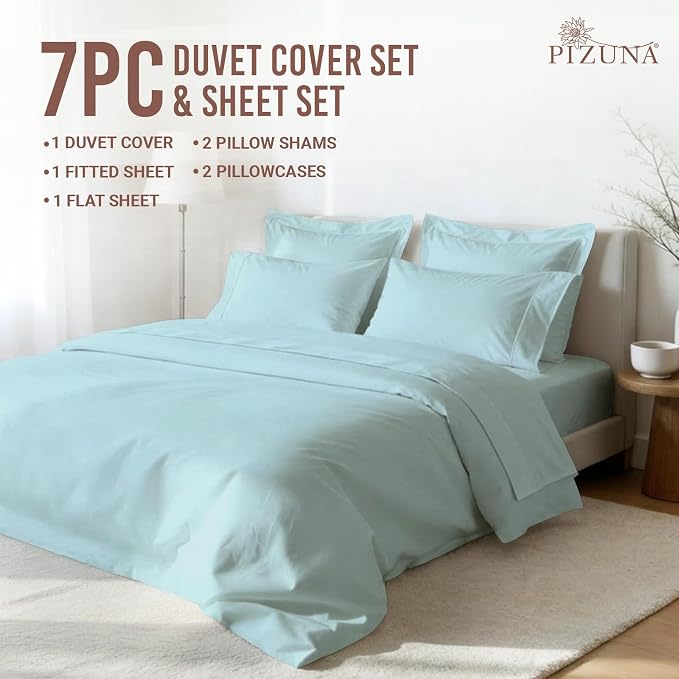 Pizuna Pure 100% Long-Staple Cotton Duvet Cover + Sheet Set Queen, Luxurious 400 Thread Count Long Staple Cotton, Soft Sateen Weave Bedding Set (Baby Blue) - Image 3