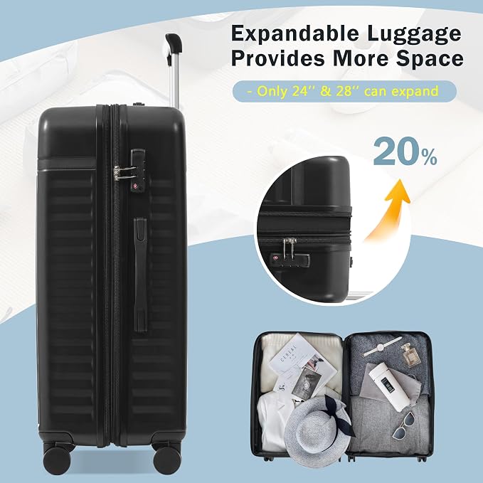 Merax 3 Piece Luggage Sets, Hardside Lightweight Carry on Suitcase | Durable Expandable Luggage with Travel Bags Spinner Wheels and TSA Lock,Black - Image 5