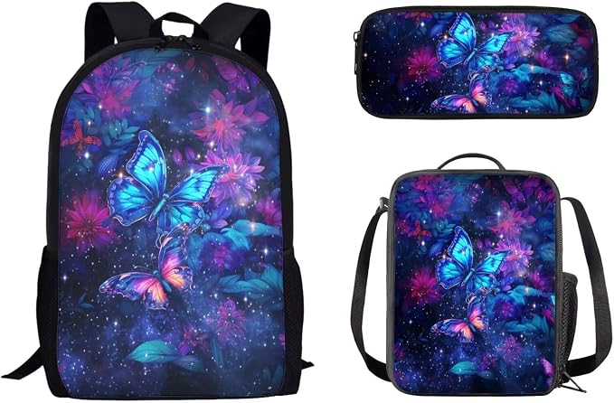 Mumeson Galaxy Butterfly School Backpack Lightweight Outdoor Casual Daily Daypack 3 in 1 Backpack Insulated Thermal Lunch Bag Tote Bag Pencil Stationery Storage Pouch Pencase by Mumeson