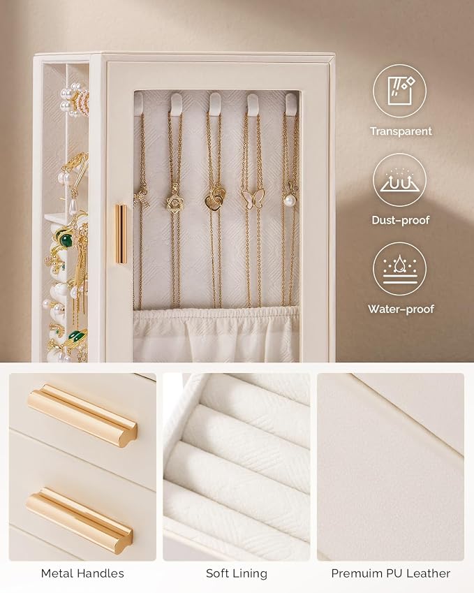 CASEGRACE 360° Rotating Jewelry Box Organizer, Jewelry Storage with 5 Drawers, Clear Window, Jewelry Display Case for Bracelets, Necklaces, Earrings, Rings, White - Image 3