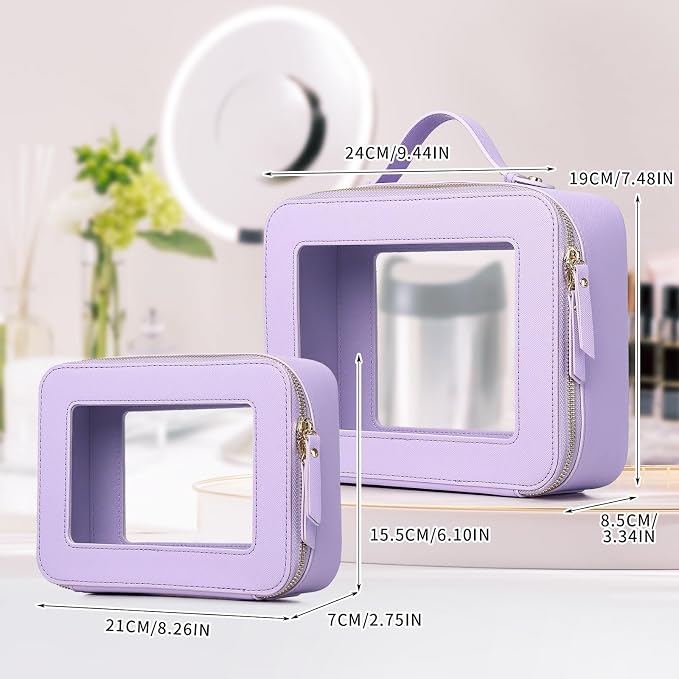 Pinkmik Clear Makeup Bag for Women Waterproof Travel Cosmetics and Toiletries Case Portable Makeup Oaganizer Bag Clear Car Bag with Zipper (X/Purple, M+L) - Image 2