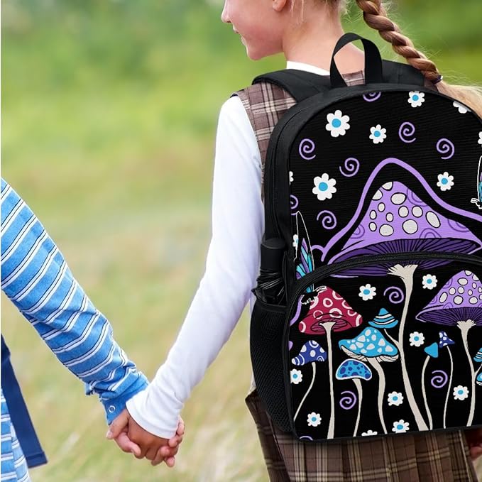 Mushroom Backp 4 Pcs Purple Mushroom Hippie Flower School Bag Set with Lunch Box Water Bottle Bag Pencil Case Durable Casual Travel Ruckpack for Boys Girls Kids Teens - Image 3
