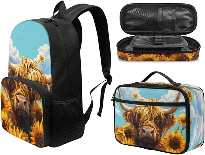 Sunflower Highland Cow Backpack for Girls School Bag Aesthetic Backpacks with Lunch Bag & Pencil Case Kawaiian Schoolbag 3 in 1 Rucksack Bookbag Set - Image 2