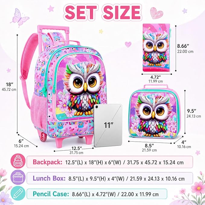 HPJGD 3PCS Owl Rolling Backpack for Girls, Kids School Backpacks with Wheels, Water Resistant UV Printed Roller Wheeled Bookbag Set - Image 5