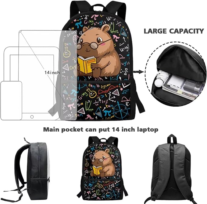 Capybara and Books 3 Pieces Kids Backpack Set Girls Boys Bookbag with Lunch Bag and Pencil Case School Bags for Elementary Primary Student - Image 2