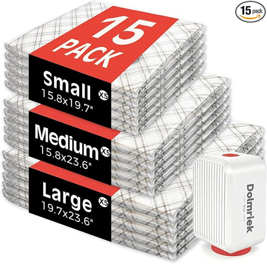 15pcs Vacuum Seal Bags for Clothing Travel, Cordless Pump, Carry-on Size Compression Packing Bags, 4000Pa Suction & 2000mAh Battery, Vacuum Storage Bags for Clothes, Luggage, Suitcase, Space Saver by DolmriekTravelVacuumBags