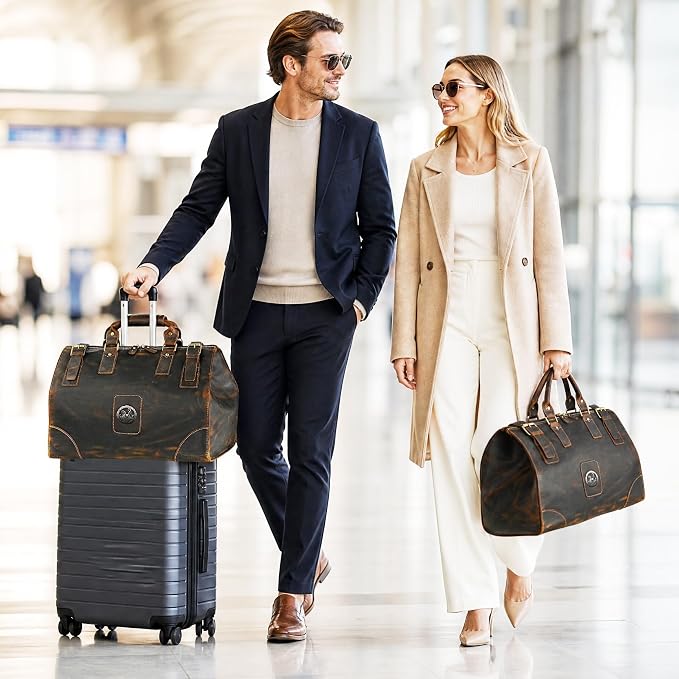 Canvas + Leather Travel Luggage Tote Duffle Gym Suitcase Weekender Overnight Bag For Men Male FB8151 (8151-Dark Brown1) - Image 2