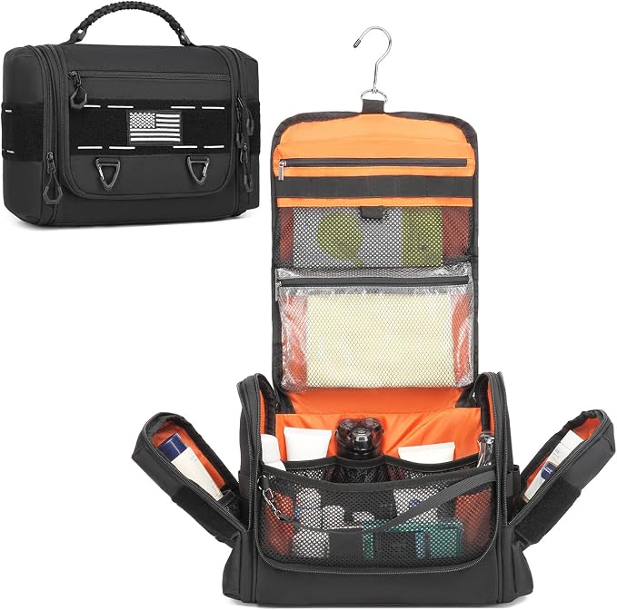 Tactical Toiletry Bag for Men, Hanging Dropp Kit Mens Toiletry Travel Bag for Toiletries, Traveling & Shaving Kit, Hygiene Bag Shower Bathroom Organizer with Handle & Swivel Hook, Black by BISKLNDN