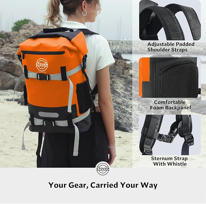STOVER 30/40/55L Waterproof Dry Backpack & Phone Case- X-Large Floating Dry Bag for Kayaking, Travel, Hiking, Fishing, Camping, Motorcycles & Beach, Heavy-Duty Roll Top Men/Women (Orange) - Image 5