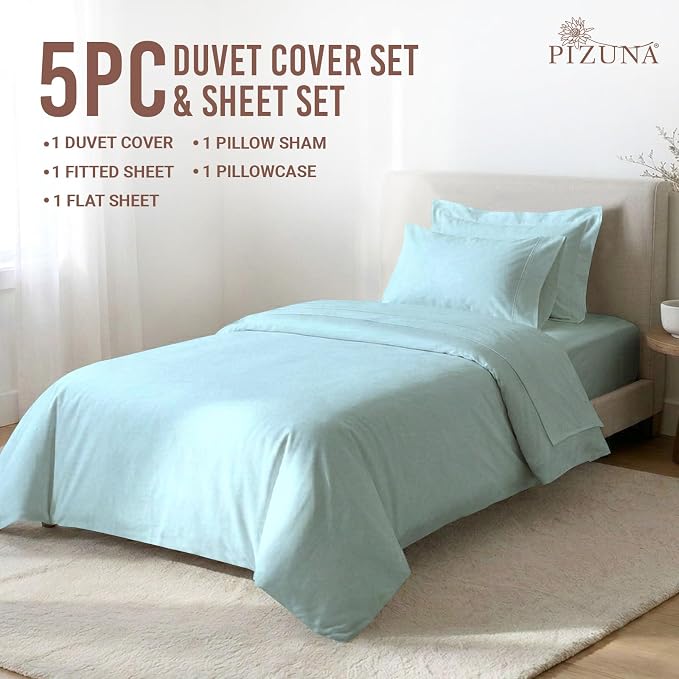 Pizuna Pure 100% Long-Staple Cotton Duvet Cover + Sheet Set Twin, Luxurious 400 Thread Count Long Staple Cotton, Soft Sateen Weave Bedding Set (Baby Blue) - Image 3