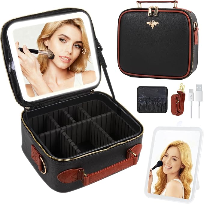 Travel Makeup Bag with Light Up Mirror, Portable Makeup Bag with Led Light Women Waterproof Makeup Travel Case adjustable dividers Rechargeable Vanity Mirror with 3 Color Lights (Black) by Unknown