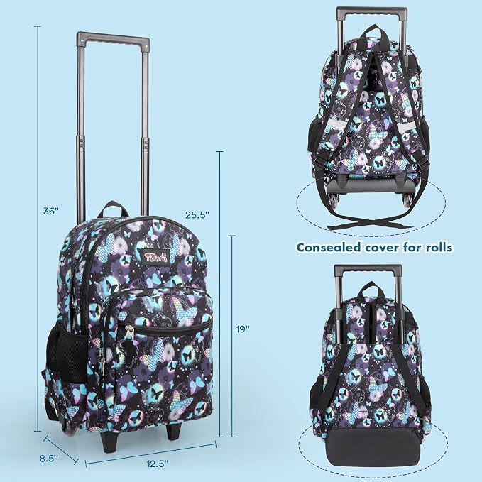 Tilami Rolling Backpack for Kids 18 Inch Double Handle Wheeled Bookbag for Boys & Girls for School & Travel,Butterfly - Image 3