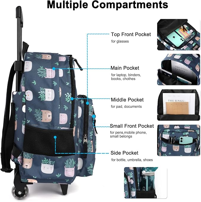 Tilami Rolling Backpack 18 inch Double Handle with Lunch Bag Wheeled Kids Backpack for Girls and Boys, Plants Blue - Image 3