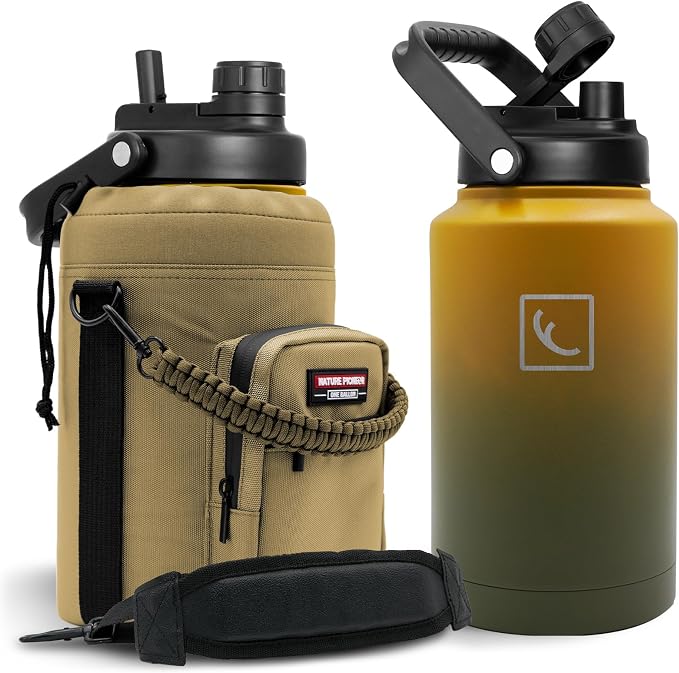 NATURE PIONEOR 1 Gallon (128oz) Insulated Water Bottle Jug with Carrier Bag | 18/8 Food-grade Stainless Steel, Double Vacuum Insulation, Wide-Mouth, Straw & Spout Lid, Strap, Camping, Hiking, Gym, Work by NATUREPIONEOR