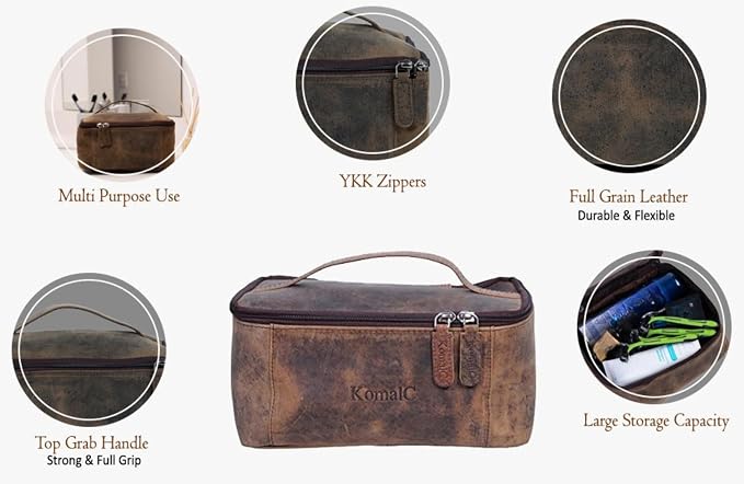 KomalC Leather Toiletry Bag For Men & Women, Handcrafted Travel Kit, Water-Resistant Shaving Bag For Men Travel, Premium Rustic Toiletry Pouch with Zipper Closure (1 Zip Hunter) - Image 4