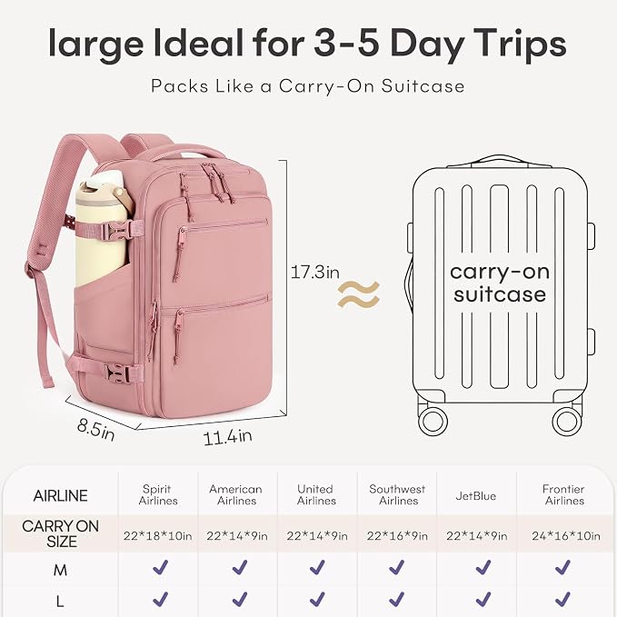mibasies 30L Travel Backpack for Women & Men: Carry On Luggage Flight Approved, TSA Laptop Backpack with Water Bottle Pocket, Personal Item Bag Fits 15.6" Laptop for Weekender Business - Dark Pink - Image 7