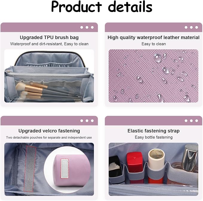 BOYATU Travel Makeup Bag Organizer Cosmetic Bag: 3 Pcs Set Make up Bags for Women with Handle - Waterproof Vegan Leather Toiletry Bags Travel Essentials Pouch with Compartments (C-06-Purple) - Image 5