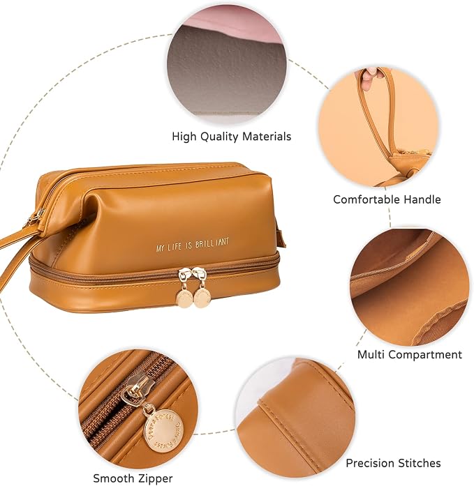 CORIOS Toiletry Bag For Women Portable Make Up Bag Waterproof Wash Bag PU Leather Cosmetic Bag Bathroom Shower Bag Multifunctional Travel Organizer For Shampoo, Cosmetics, Toiletries Pink B - Image 4