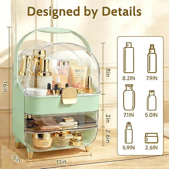 Makeup Organizer with Drawers-Cosmetic Display Case for Vanity|Skincare Organizer with 360 Rotating Brush Holder,Large Storage Box Dresser,Women Gifts Display Cases for Bathroom Countertop,Green - Image 2