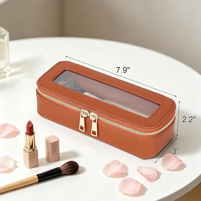 Makeup Brush Bag, Brown, SLIM | Clear, Travel Cosmetic Case, Brush Holder, Waterproof, Zipper Purse Organizer - Image 4