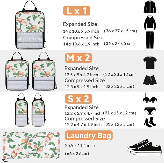 Floral Peach 6 Set Compression Packing Cubes for Travel Luggage Carry On Suitcase Compressible Expandable Packing Cubes Organizers Bag - Image 2