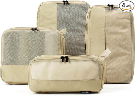 Compression Packing Cubes for Travel, Carry On Suitcase Organizer, Travel Essentials for Women and Men, Travel Bags for AEROARTLY Luggage, Holiday & Birthday Gifts Bags (4PC Set, Beige) by AEROARTLY