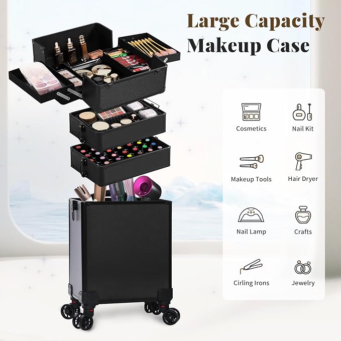 Rolling Makeup Train Case with Lid Cosmetology Case on Wheels | 5 in 1 Large Cosmetic Trolley Organizer Travel for Hairstylist Artist Nail Beauty Salon Barber Cart Trunk, Black - Image 8