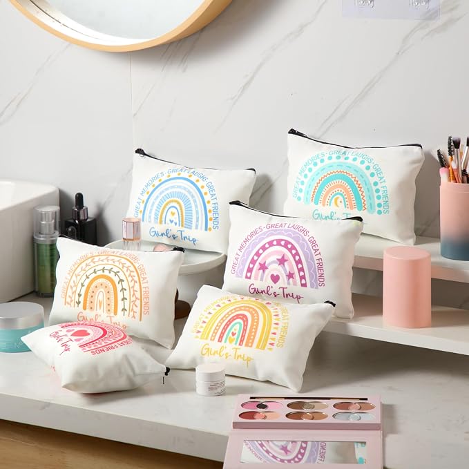 Sweetude 12 Pcs Girls Trip Makeup Bags Bulk Girls Weekend Gifts Rainbow Makeup Bag Portable Travel Cosmetic Bags with Zipper Bachelorette Travel Storage Pouch for Women Friendship Bestie Party Favors - Image 2