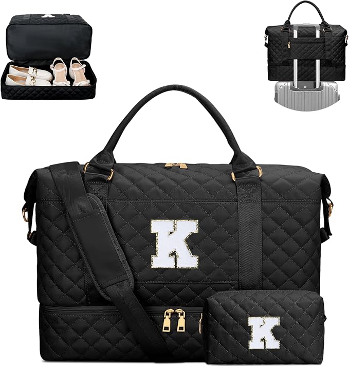 Gifts for Women Girls Initial Travel Duffle Bag Quilted Weekender Carry-On Overnight with Cosmetic Bag, Gym Bag with Shoe Compartment, Black K by Unknown