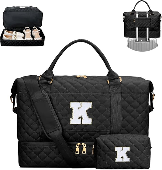 Gifts for Women Girls Initial Travel Duffle Bag Quilted Weekender Carry-On Overnight with Cosmetic Bag, Gym Bag with Shoe Compartment, Black K by Unknown