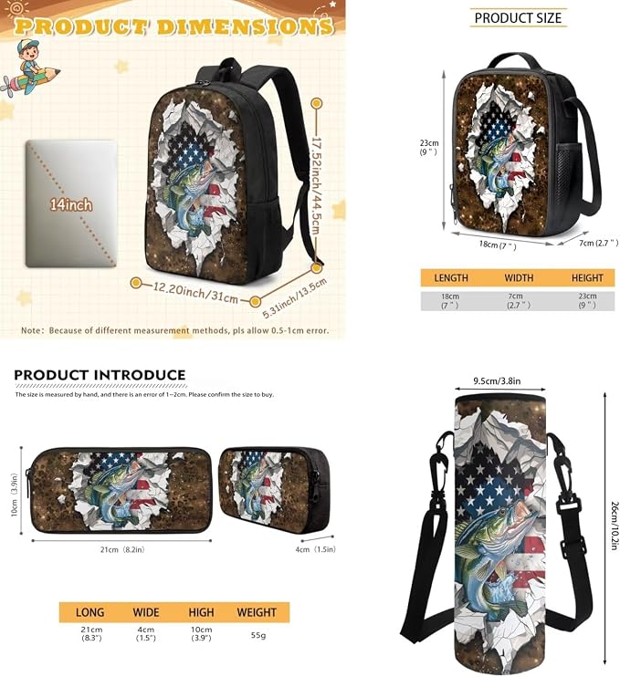 GIFTPUZZ 4 in 1 Hunting Camo Fish American Flag Kids Backpack Set | Patriotic School Bookbag with Lunch Box for Elementary Boys, Zippered Pencil Pouch, Water Bottle Holder, Travel, Ages 6-8 - Image 6