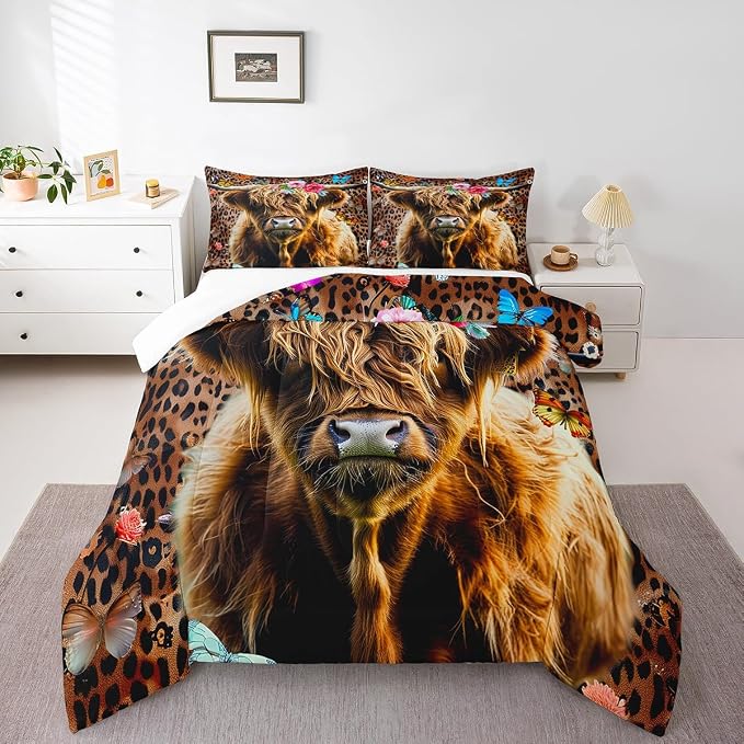 Erosebridal Kids Highland Cow Bedding Set Queen Size, Boys Teens Leopard Print Comforter Set Girls Butterfly Western Cowboy Duvet Insert Bull Cattle Flower Duvet Sets Soft for Bedroom Decor, Brown - Image 3