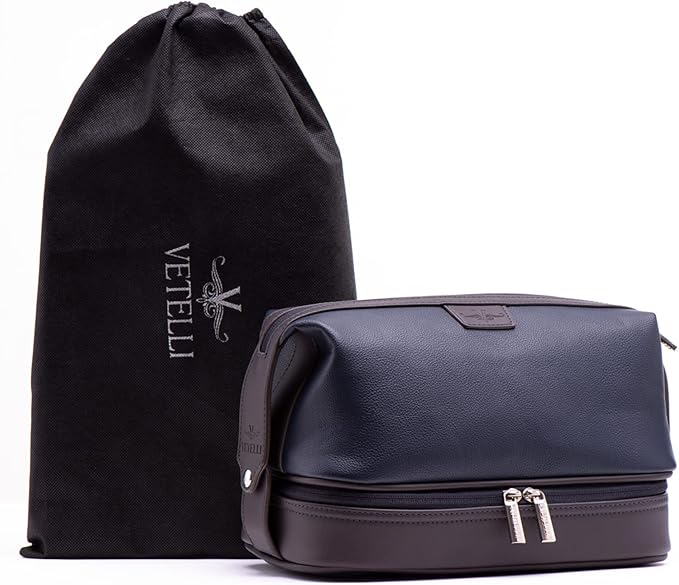 Vetell Leo Large Leather Men's Travel Toiletry and Shaving Case Bag with Upper and Lower Zippered Compartments, 3 Interior Loops and Carrying Handles by Vetelli
