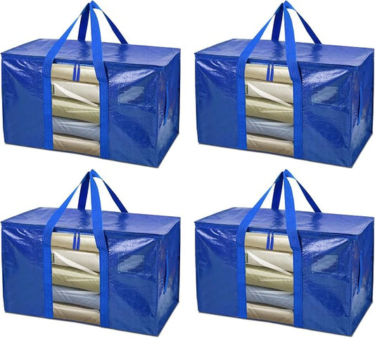 BALEINE 4-Pack Oversized Moving Bags with Reinforced Handles, Heavy-Duty Storage Tote Moving Supplies for Packaging, Camping (Blue w/Window, 4-Pack) by BALEINE