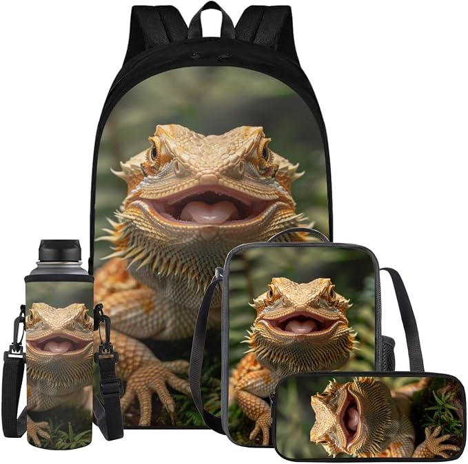Dragon Lizard Backpack for Kids Boys Backpack with Lunch Box Water Bottle Carrier and Soft Pencil Case 4PCS Set Bookbag with Compartments 17 inch Lightweight School Bag Kids School Essentials by ELEDIZI