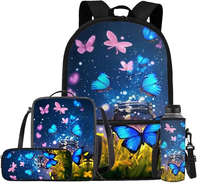 Butterfly Backpack for Girls Kids Backpack with Lunch Box Water Bottle Holder with Strap and Aesthetic Pencil Case 4PCS Set Cute Bookbag with Front Pocket for School Teens 17 inch School Bag by ELEDIZI