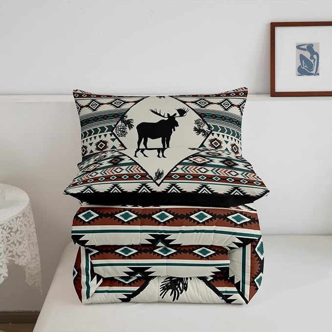 Erosebridal Rustic Moose Comforter Set for Cabin Lodge Southwest Bedding Set Aztec Geometric Tribal Quilt Farmhouse Hunting Animal Duvet Insert with 1 Pillowcase Lightweight Warm,Twin - Image 6