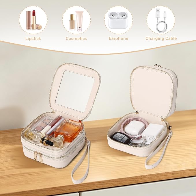 Pinkmik Double Layer Makeup Bag Small Clear Makeup Pouch Mini Travel Cosmetic & Toiletry Bag Purse Organizer and Car Essentials for Women (Beige, 2-Layer MINI) - Image 3