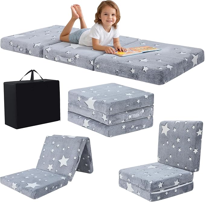 MeMoreCool Glow Star Kids Foldable Floor Mattress Trifold, 57x22 Inch Grey | Glow star trifold mattress for classroom flexible seating, reading, camping by MeMoreCool