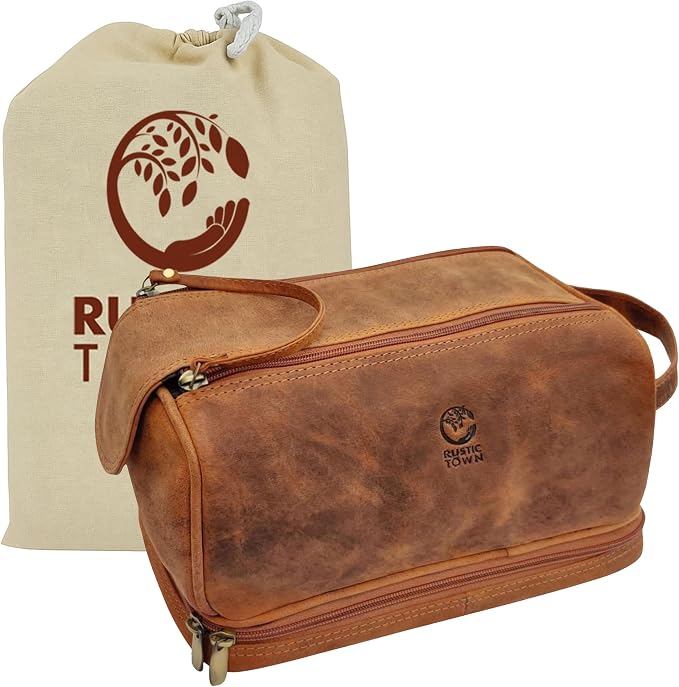 Leather Toiletry Bag for Men - Travel Shaving Dopp Kit - Bathroom Shower Toiletries Organizer - Cosmetic Make up Bag for Women by RusticTown
