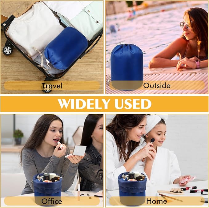 INVODA Drawstring Makeup Bag for Women Cosmetic Bag Large Travel Make up Bags Portable Barrel Toiletry Bag Toiletries Pouch Travel Cosmetic Organizer (Navy Blue) - Image 6